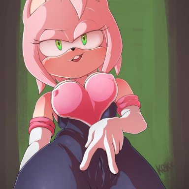 2020, 5 fingers, alternate costume, amy rose, amy rose (rouge cosplay), anthro, armwear, being watched, blush, bodysuit, breasts, clitoris, clothing, elbow gloves, eulipotyphlan