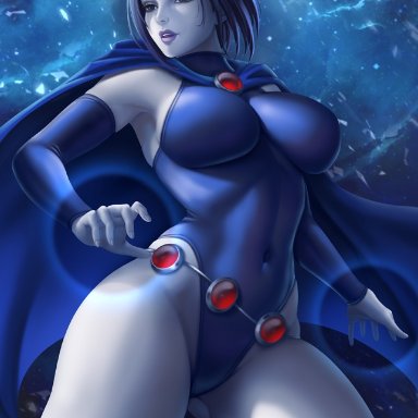 1girls, big breasts, breasts, dc, female, female only, flowerxl, large breasts, leotard, raven, solo, teen titans