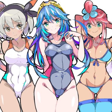 5girls, abs, aether foundation, alternate breast size, alternate outfit, armpits, bea (pokemon), big breasts, bikini, breasts, crossover, dark skin, dark-skinned female, edit, enpe