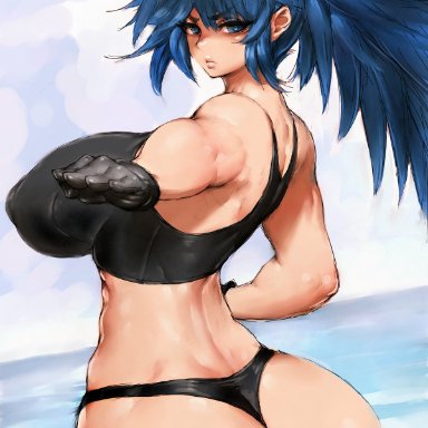 1girls, ass, big ass, blue eyes, blue hair, breasts, cleavage, female, female only, fumio (rsqkr), huge ass, huge breasts, king of fighters, leona heidern, looking at viewer