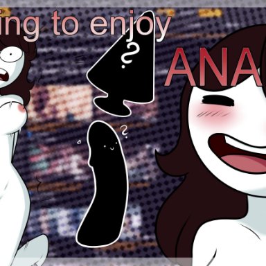 anal, areolae, big eyes, blush, bouncing breasts, breasts, brown hair, buttplug, dildo, drooling, jaiden animations, jumping, long hair, nipples, shocked