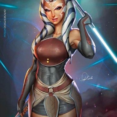 1girl, 1girls, ahsoka tano, armor, blue lightsaber, douglas bicalho, female, freckles, headband, holding sword, horns, lightsaber, orange skin, solo, standing