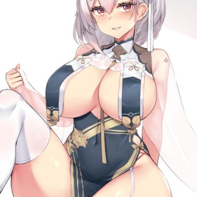 1girl, azur lane, big breasts, breasts, cleavage, female, female only, kuavera, large breasts, looking at viewer, sirius (azur lane), solo, thighhighs
