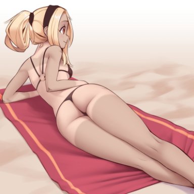 1girls, beach, bikini, blonde hair, blush, gravity rush, kat (gravity rush), long hair, nickleflick, on side, ponytail, solo, tanline