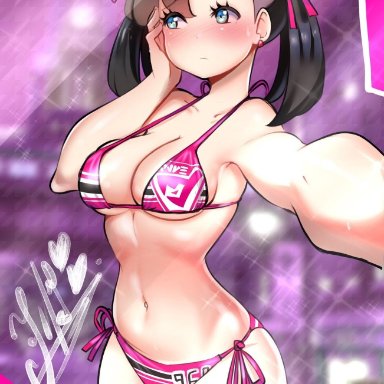 1girl, abs, alternate outfit, armpits, artist request, belly, big breasts, bikini, black hair, blue eyes, blush, breasts, card, cleavage, comic