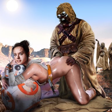 1girl, 1girls, all fours, armband, ass, bare shoulders, bb-8, bottomless, breasts, brown hair, bubble butt, busty, butt, desert, doggy style