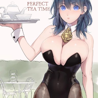 1girls, big breasts, blue eyes, breasts, bunny ears, bunny girl, bunnysuit, byleth, byleth (fire emblem), english text, female, female focus, female only, fire emblem, fire emblem: three houses