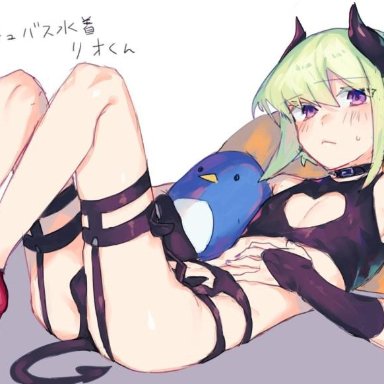 1boy, ankle strap, black gloves, blonde hair, blush, bra, collar, crossdressing, demon tail, demon wings, disgaea, earrings, femboy, girly, gloves