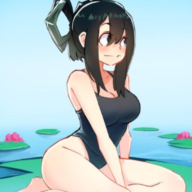 artist request, blush, female, female only, large breasts, lily pad, my hero academia, one piece swimsuit, solo, swimsuit, tsuyu asui