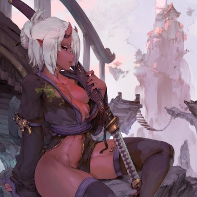 1girls, architecture, armlet, black kimono, black legwear, black sclera, breasts, bridge, claws, cloud, colored eyelashes, cutesexyrobutts, ear piercing, east asian architecture, fantasy