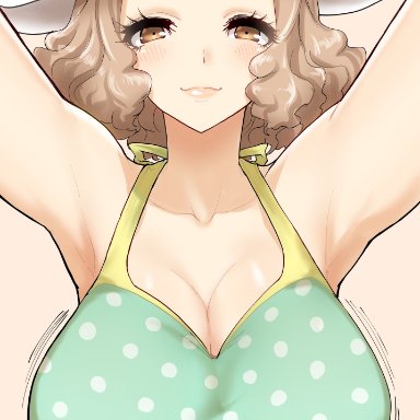 1girls, big breasts, cleavage, eyelashes, female only, fluffy hair, haru okumura, hat, persona, persona 5, short hair, swimsuit