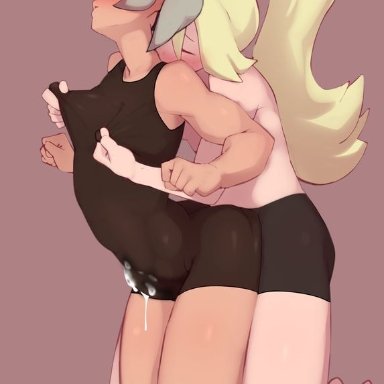 2futas, bea (pokemon), blonde hair, blush, bodysuit, clothed, cum, cum in pussy, cum inside, cum while penetrated, dark skin, dark-skinned female, futa on futa, futanari, interracial