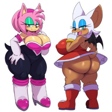 2girls, alternate costume, amy rose, ass, bat, bat wings, big ass, big breasts, blue eyes, blush, bottomless, clothes swap, dark skin, dark-skinned female, edit