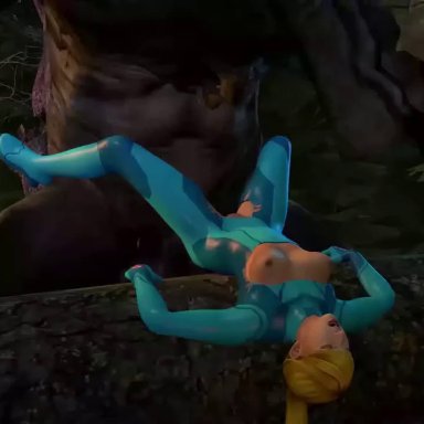 3d, animated, big penis, blonde hair, bodysuit, bouncing breasts, breasts, clothing, female, green eyes, huge cock, interspecies, long hair, metroid, monster