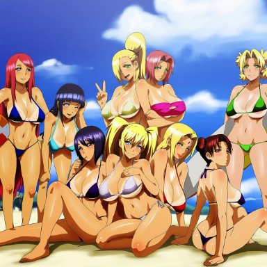 6+girls, 9girls, adult, age difference, aged up, back view, barefoot, beach, beach ball, bent over, big breasts, bikini, black eyes, black hair, blonde hair