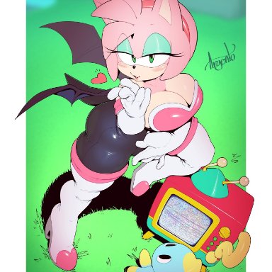 amy rose, argento, ass, big ass, big breasts, blowing kiss, breasts, chao, cleavage, costume switch, heart, heels, latex, looking at viewer, pinup