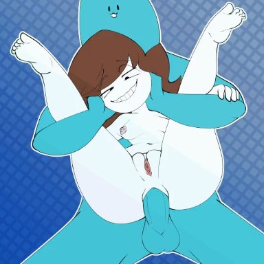 1boy, 1girl, anal, anal sex, animated, applchu, blue background, blue skin, brown hair, cum in ass, cum inside, feet, full nelson, gif, happylikeawall