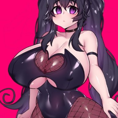 bunny ears, bunnysuit, goth, huge breasts, long hair, messy hair, osiimi, pantyhose, purple eyes, tagme, underboob cutout