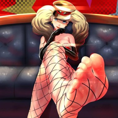 1girls, ann takamaki, bare shoulders, big breasts, blonde hair, blue eyes, breasts, clothed female, dress, feet, female, female only, fishnets, foot fetish, foot focus