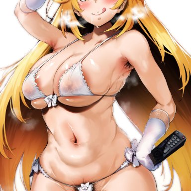 :q, absurdres, areola slip, areolae, armpit hair, armpits, bangs, bikini, blonde hair, blush, breasts, cameltoe, cleavage, controller, covered nipples