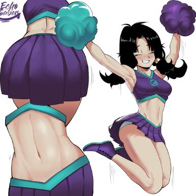 1girl, ass, black hair, bloomers, blush, cheerleader uniform, dragon ball, dragon ball z, echosaber, female, happy, hourglass figure, jumping, midriff, multiple poses