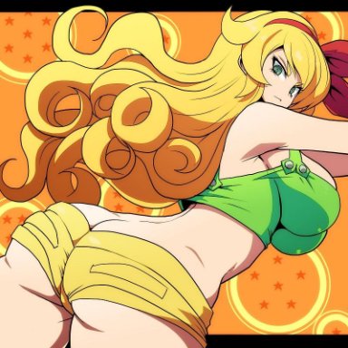 1girls, bad launch, blonde hair, cameltoe, cleavage, curly hair, curvy, dragon ball, erect nipples, female, green eyes, huge areolae, huge ass, huge breasts, kara age