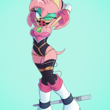 alternate costume, amy rose, bondage, boots, bound, bound lightning, breasts, chaos emerald, cleavage, clothed, clothing, elbow gloves, eulipotyphlan, eyeshadow, female