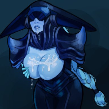 big breasts, blue skin, cleavage, cum on breasts, eyes covered, female only, league of legends, leaning forward, lissandra, shinrhydwyn