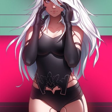 1girl, android, black gloves, elbow gloves, female, joints, long hair, looking at viewer, nier, nier: automata, silver hair, solo, standing, tsuaii, yorha a2