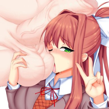 1boy, 1girl, artist name, ball fondling, ball lick, ball licking, ball worship, ballsack, big balls, big breasts, big penis, brown hair, bwc, caressing testicles, doki doki literature club