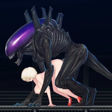 alien, alien quest eve, animated, blonde hair, bouncing breasts, breasts, from behind, grimhelm, high heels