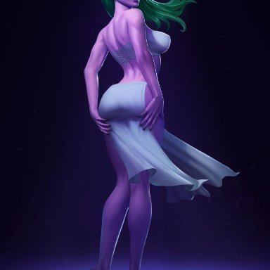 1girl, 1girls, ass, big breasts, breasts, cleavage, evulchibi, female, female only, large breasts, looking at viewer, looking back, night elf, presenting hindquarters, solo