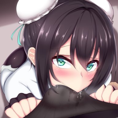 1boy, ass, bangs, black gloves, black hair, blush, bodysuit, bun cover, chinese clothes, cum, cum in clothes, cum through clothes, double bun, ebon, eyebrows visible through hair