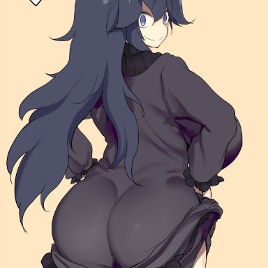 ?, 1girls, ahoge, alternate breast size, ass, back, big ass, clothed, clothes, dress, dress lift, eye contact, female, female only, hairband