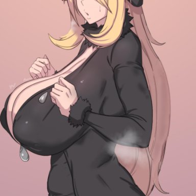 :o, 1girls, black jacket, black pants, black shirt, blonde hair, breasts, bulge, cleavage, constricted pupils, curvaceous, cynthia (pokemon), female, fur trim, hair ornament