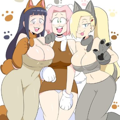 :3, 3girls, animal ears, bare shoulders, blonde hair, breasts, highres, hyuuga hinata, ino yamanaka, jinu, jinu (jinusenpai), large breasts, looking at viewer, multiple girls, naruto (series)