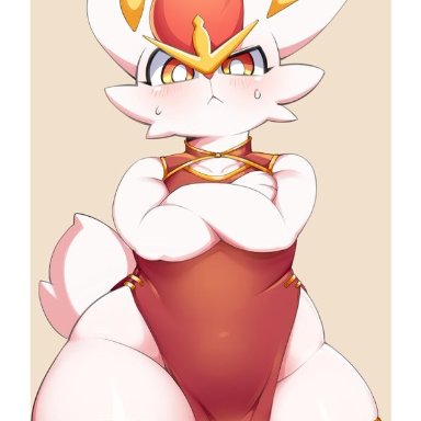 1girls, alternate outfit, anthro, anthrofied, berseepon09, big ears, big hips, blush, bunny, cinderace, crossed arms, eye contact, furry, half-closed eyes, loincloth