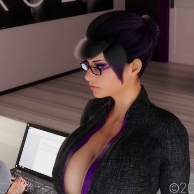 1futa, 1girls, 2020, 3d, animated, artist name, balls, big breasts, big penis, black hair, blender, breasts, business suit, classy, cleavage