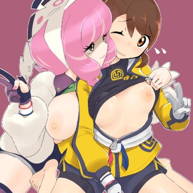 2girls, alternate breast size, alternate costume, bracelet, breasts, brown eyes, brown hair, clothed, clothing, coat, female only, gloria (pokemon), gloves, hairband, half-closed eyes