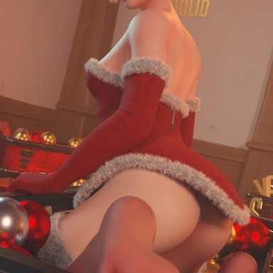 1girls, 3d, ass, barefoot, blonde hair, blue eyes, butt, christmas, feet, female, female only, foot fetish, looking at viewer, looking back, mercy