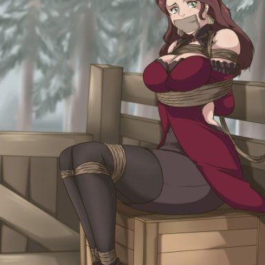 bare shoulders, bondage, bound, breasts, brown hair, cleavage, dorothea (fire emblem), dorothea arnault, dress, earrings, female, fire emblem, fire emblem: three houses, gag, gagged