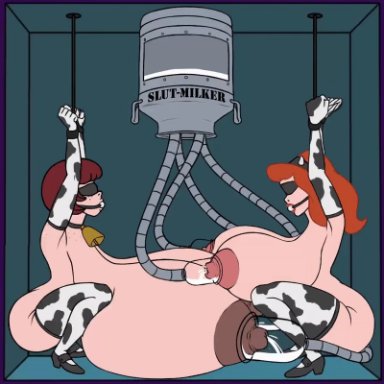 animated, ass, ball gag, blindfold, breast expansion, breast pump, breast to breast, brown hair, brown nipples, cow bell, cow print, daphne blake, erect nipples, freckles, gigantic breasts