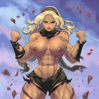 abs, angry, blonde hair, breasts, cutesexyrobutts, dark skin, dark-skinned female, female, gravity daze, gravity rush, huge breasts, kat (gravity rush), moaning, muscles, muscular female