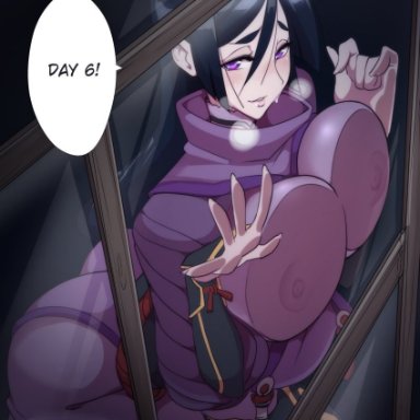 big ass, big breasts, black hair, bodysuit, fate (series), fate/grand order, long hair, mature, mature female, minamoto no raikou (fate/grand order), nice body, nipples visible through clothing, nisego, pressed on glass, purple eyes
