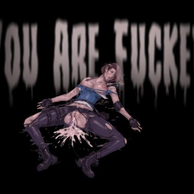 bad end, black boots, blue tank top, boots, breasts, broken, broken rape victim, brown hair, clothing, combat boots, cum, cum in pussy, cum inside, defeated, defeated heroine