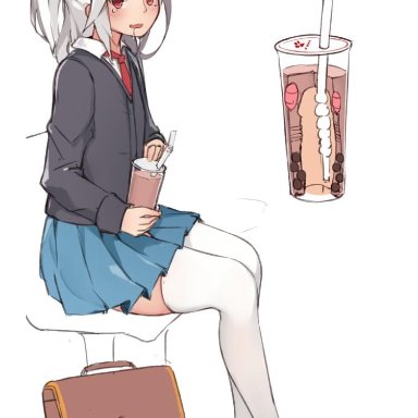 1boy, artificial vagina, bag, black cardigan, blue skirt, chair, collared shirt, crossdressing, cup, dress shirt, drink, drinking glass, drinking straw, drooling, long hair