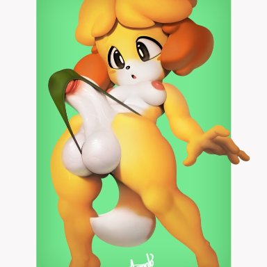 1futa, 2018, animal crossing, anthro, areolae, argento, balls, balls in panties, black eyes, blonde hair, blush, blush stickers, breasts, canid, canine