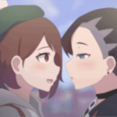 2girls, animated, beret, black hair, blue eyes, blush, brown eyes, brown hair, cardigan, choker, closed eyes, earrings, eyes closed, female, female only