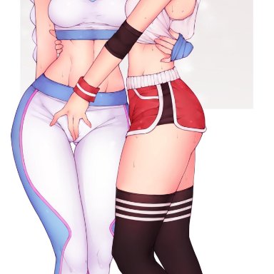 2girls, bluefield, blush, breasts, cleavage, female, female only, looking at viewer, ruby rose, rwby, thighhighs, weiss schnee, yuri