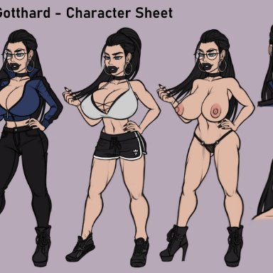 bimbo, bimbo body, black hair, black lipstick, blue eyes, boots, character sheet, glasses, goth, hoop earrings, long hair, looking at viewer, millena gotthard, raiou, shorts